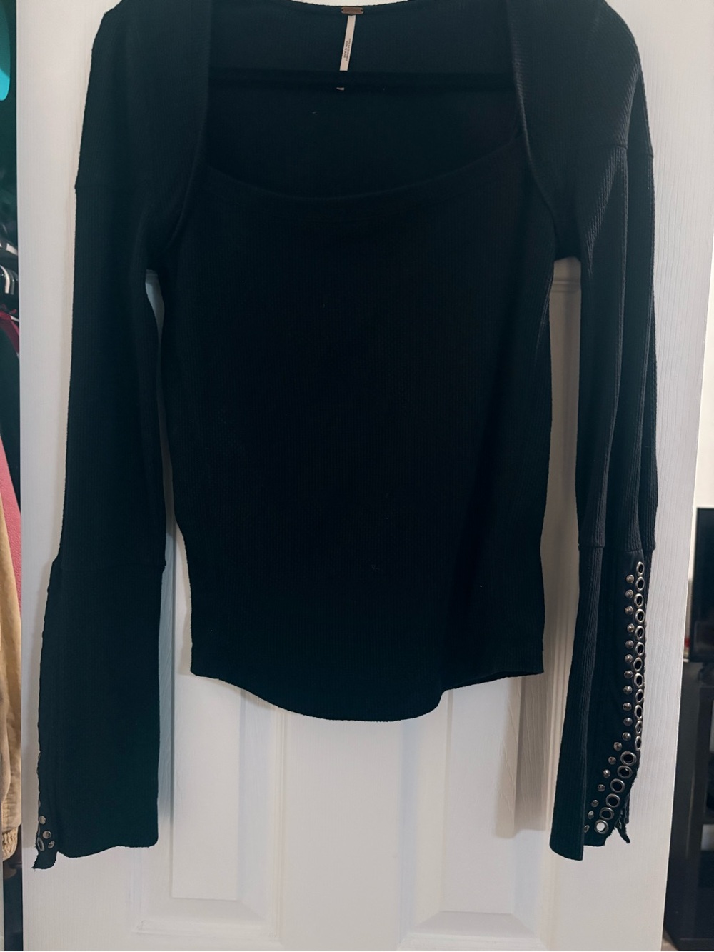 Free People Black Ribbed Long-Sleeve Scoop Neck Top with Grommet Detail